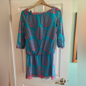 Lilly Pulitzer Blue and coral lace print dress. Excellent condition.